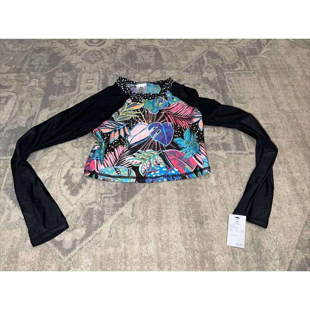 New Art Class Girls Sz M 7 / 8 Long-Sleeve Rash‎ Guard Swim Shirt Tropical Black